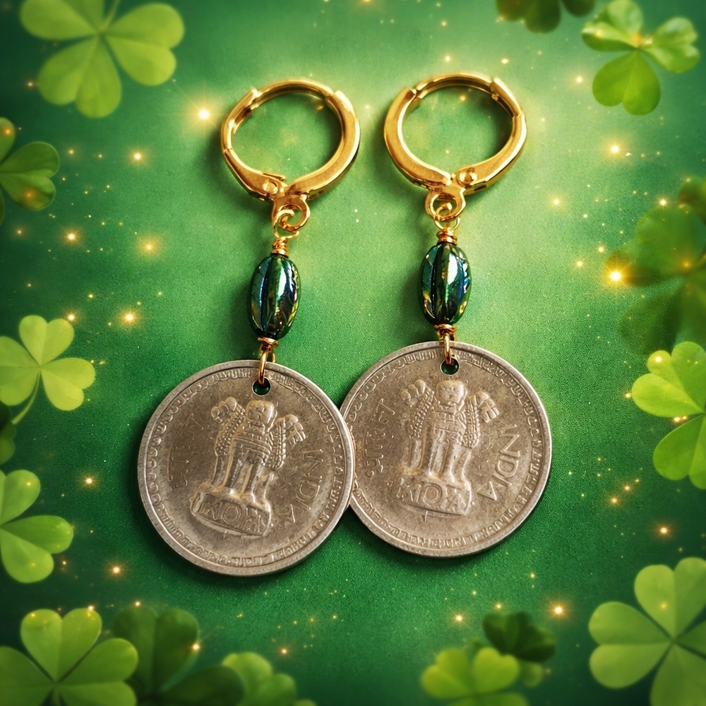 Vintage Coin Dangle Earrings – Gold Tone Hoops with Antique Style Coins & Bead A